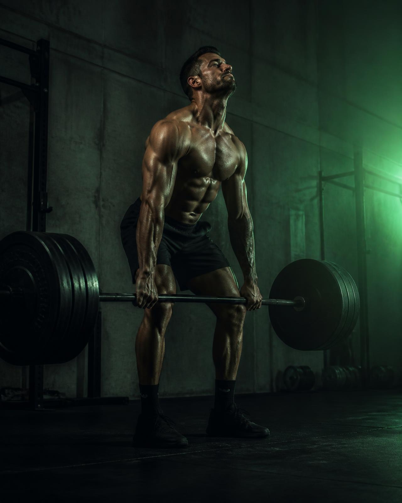 Athlete performing a barbell deadlift in a dark gym